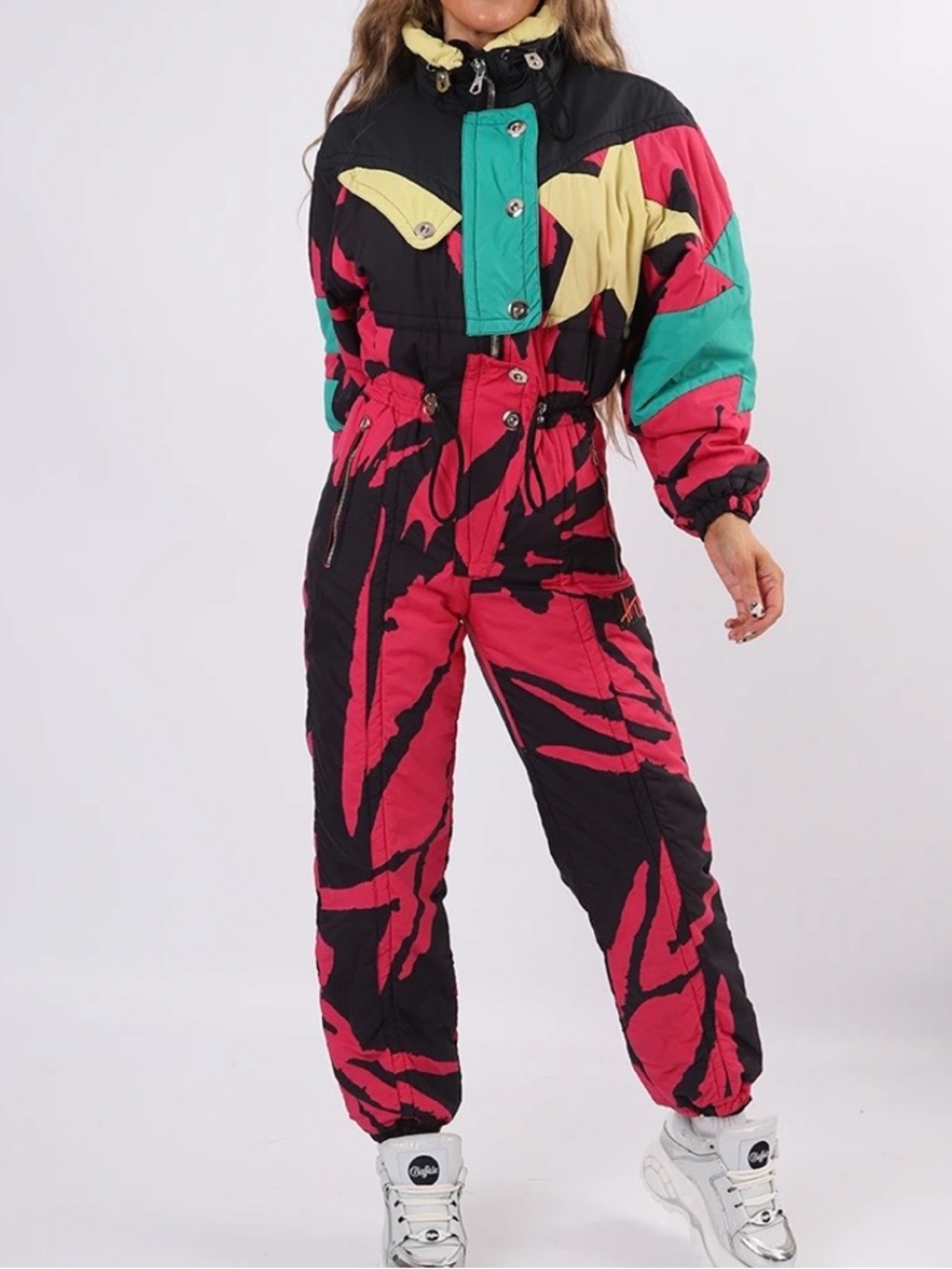 Women’s Vintage Ski One-Piece Snow Suit - Black & Hot Pink with Teal Accent